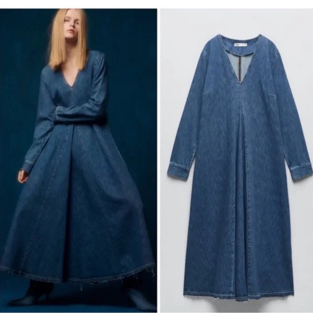 Zara Blue Maxi Dress Long Sleeve V-Neck A-Line